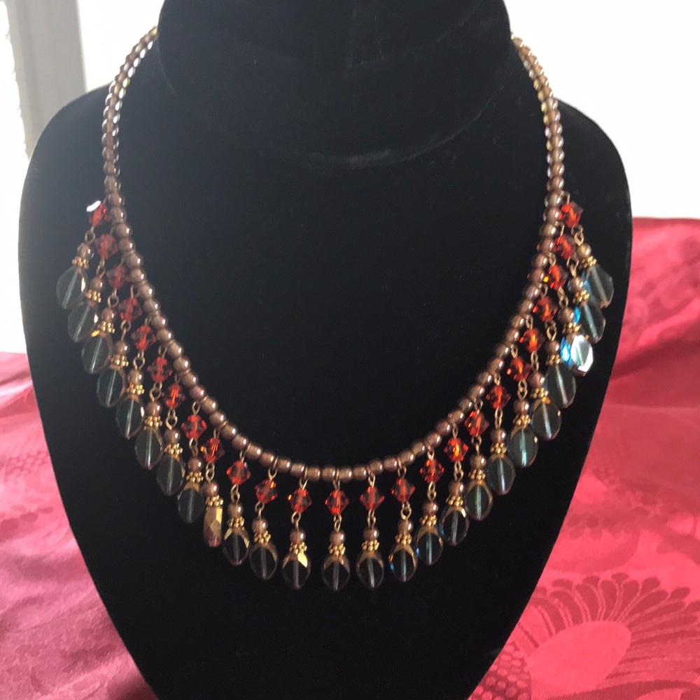 Orange and acqua green glass gold tone choker